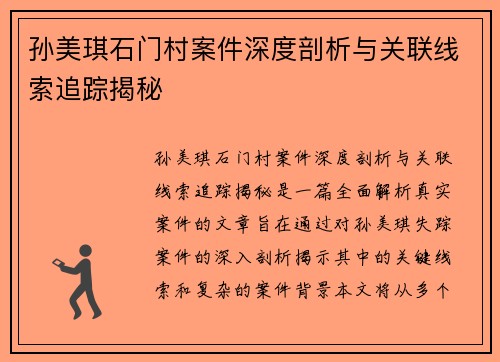 孙美琪石门村案件深度剖析与关联线索追踪揭秘